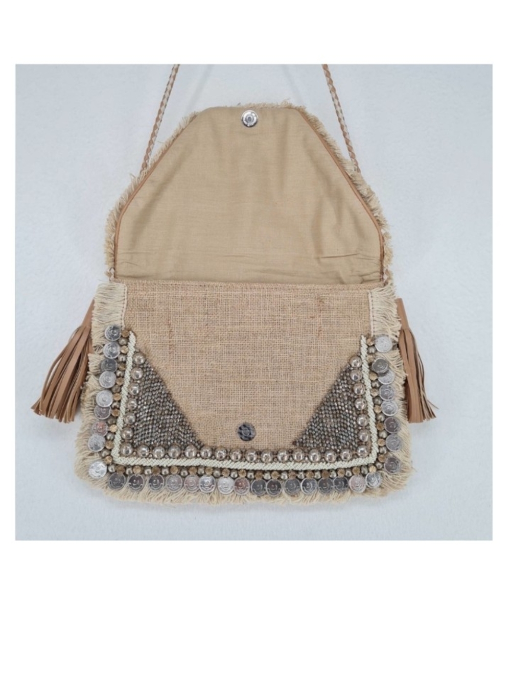 Bohemian Fringe Coin Embellished Clutch - Beige - Picture 3 of 3